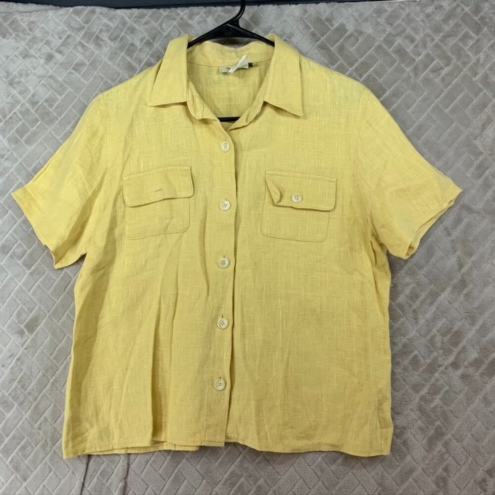 Harve Bernard Womens 10 Shirt Yellow Linen Button Up Short Sleeve Casual Aloha